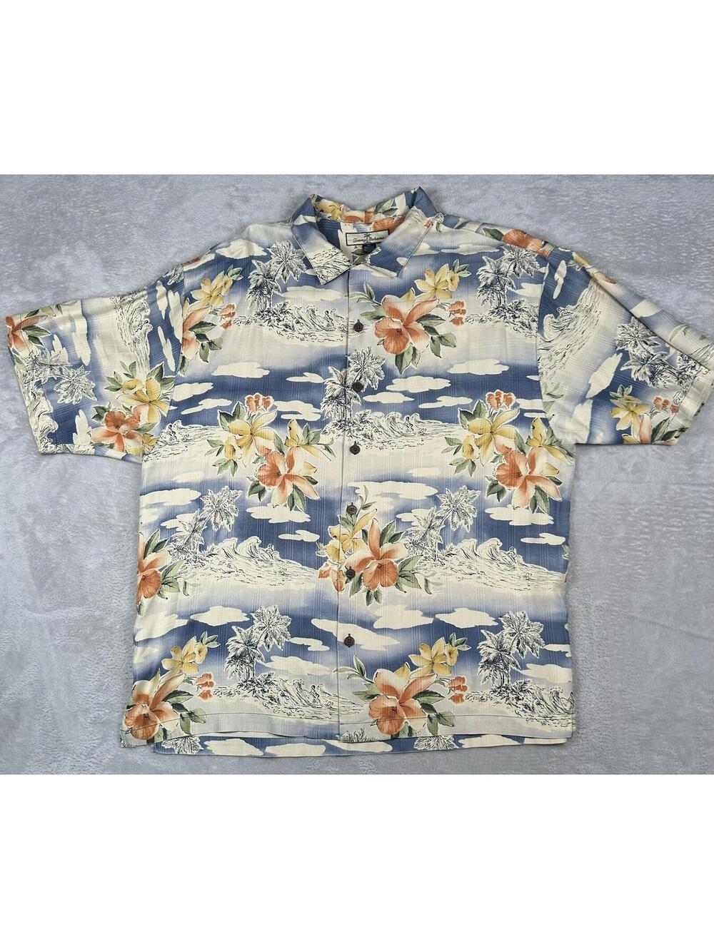 Tommy Bahama Shirt Mens XL White Blue Silk Hawaiian Aloha Floral Beach Vacation